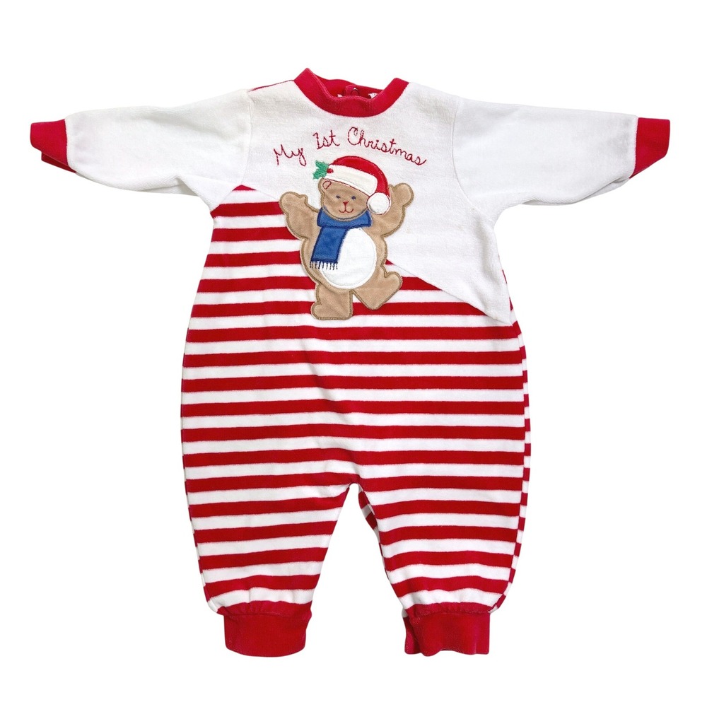 VTG 90's Neiman Marcus 9-12M Baby Romper Red White First Christmas Bear Striped